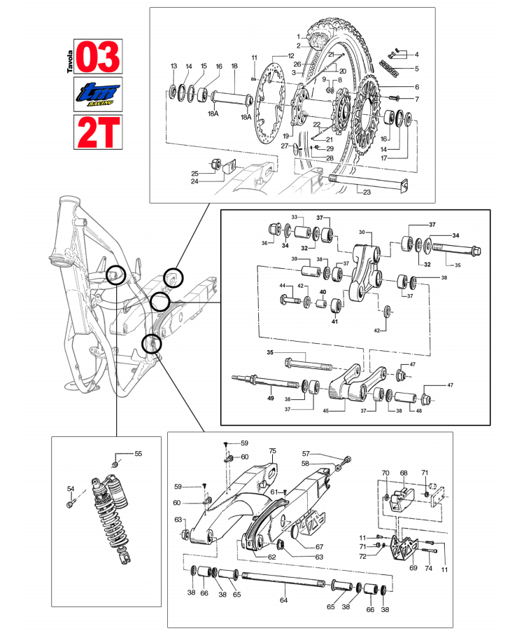 Pièces d'origine pour TM RACING 80 80 80 2 Temps MX/EN 2007 - Bras oscillant et roue arrière