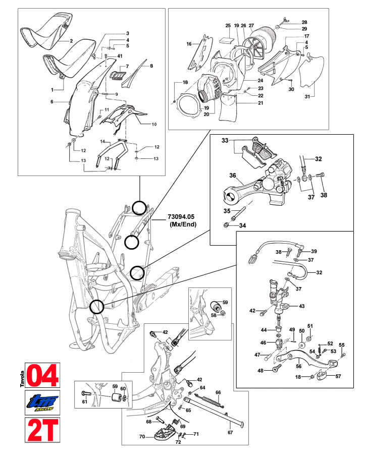 Pièces d'origine pour TM RACING 80 80 80 2 Temps MX/EN 2007 - Siège, boîte à air et éléments arrière