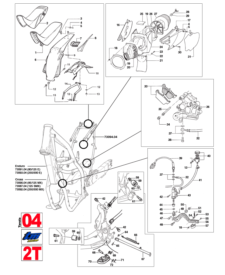 Pièces d'origine pour TM RACING 100 100 100 2 Temps MX/EN 2004 - Siège, boîte à air et éléments arrière (garde-boue et frein arrière)