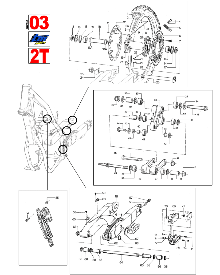 Pièces d'origine pour TM RACING 100 100 100 2 Temps MX/EN 2005 - Roue arrière, biellettes et bras oscillant