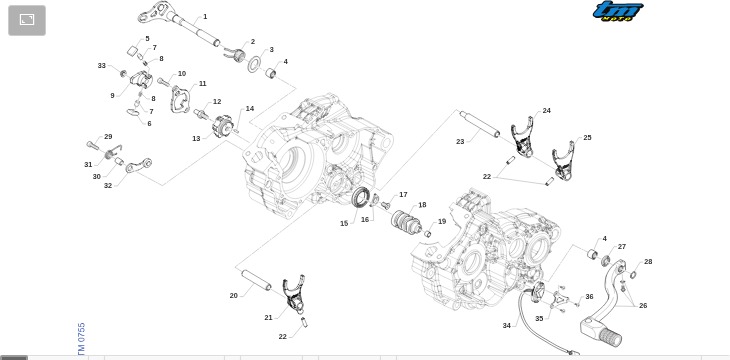 Pièces d'origine pour TM RACING 125 125 2T 125 Fi MX ES 2025 - Mécanisme de changement de vitesse