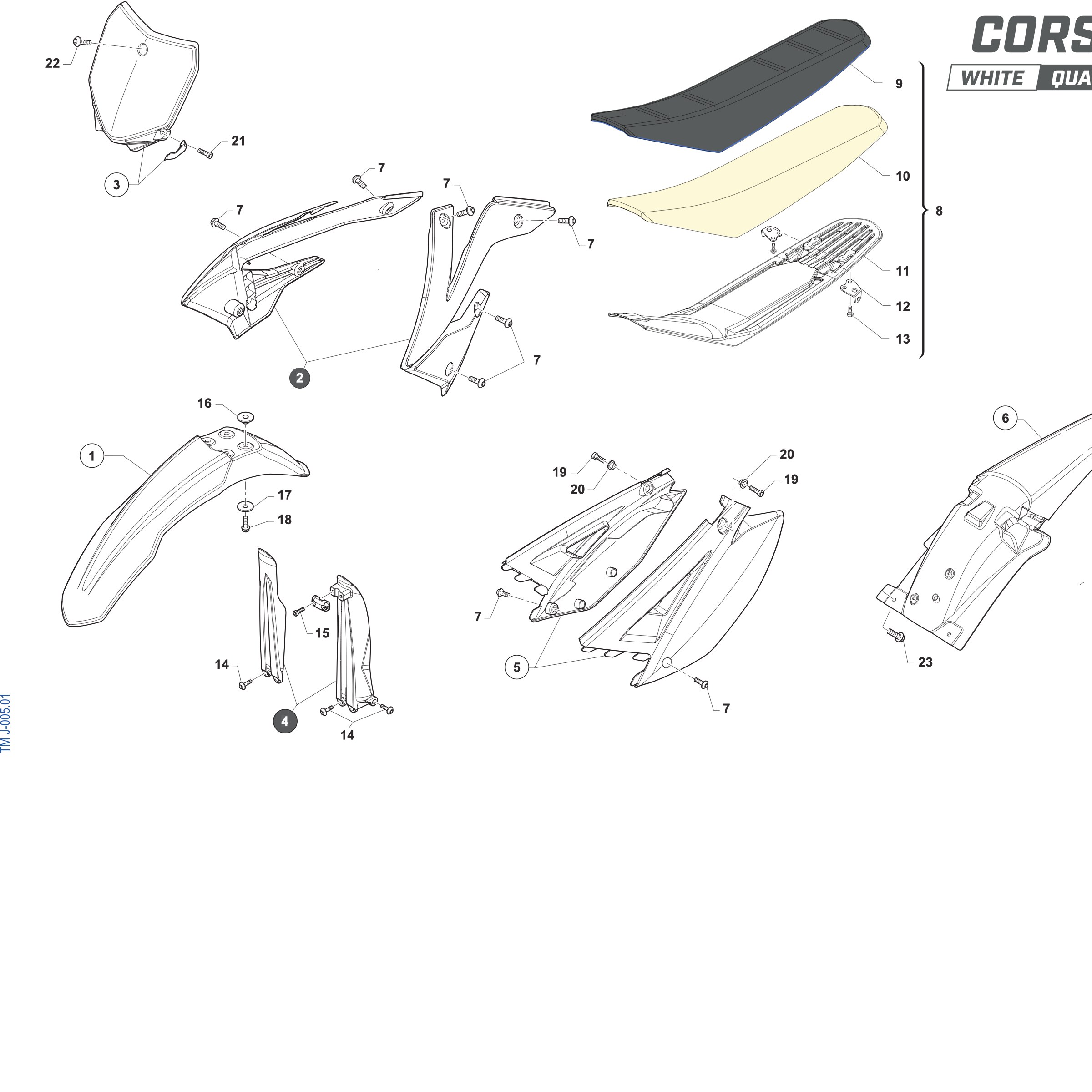 Pièces d'origine pour TM RACING 85 85 2T 85 MX-J 2027 - Plastiques et selle CORSE