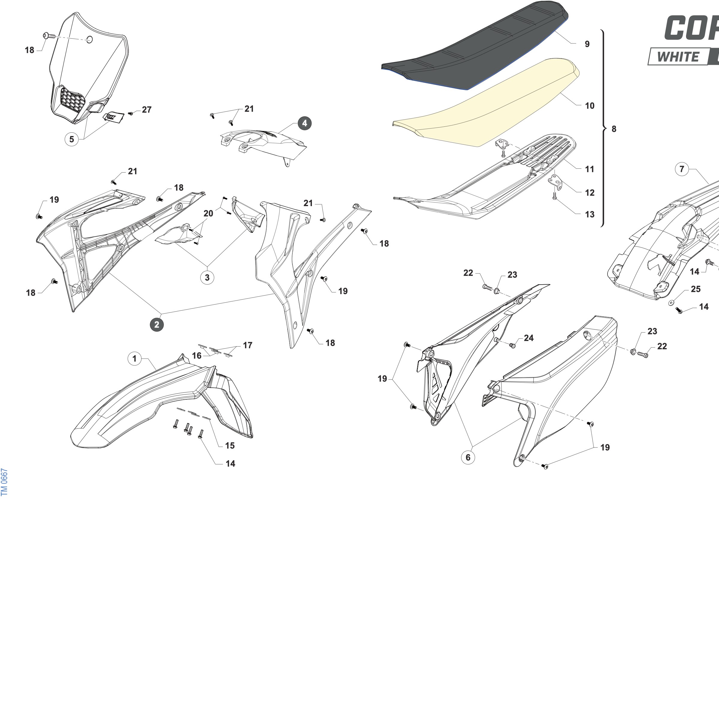 Pièces d'origine pour TM RACING 250 250 2T 250 MX 2027 - Plastiques et selle 2T MX CORSE