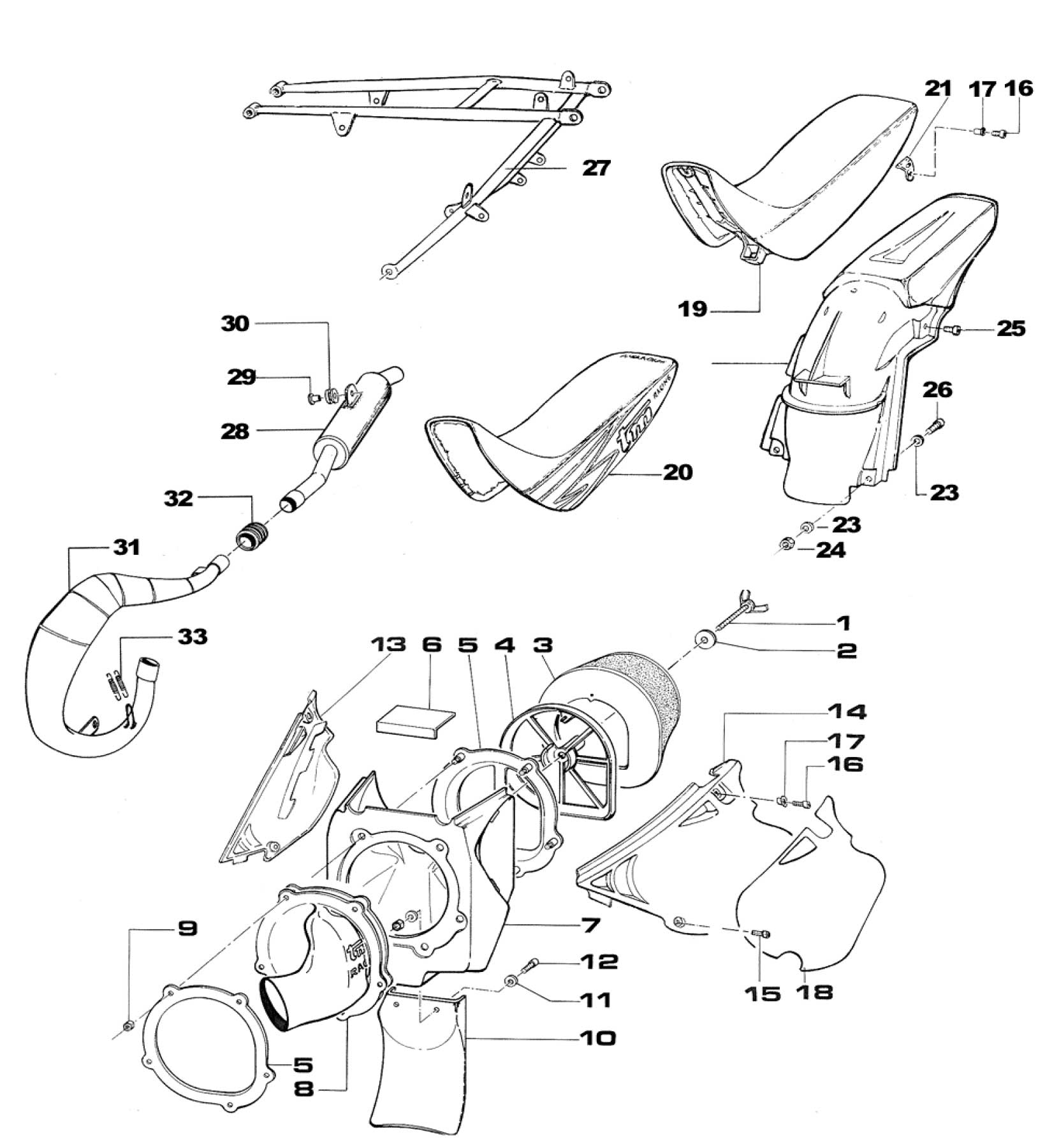 Pièces d'origine pour TM RACING 80 80 80 2 Temps Junior 2002 - Boîte à air, selle et échappement