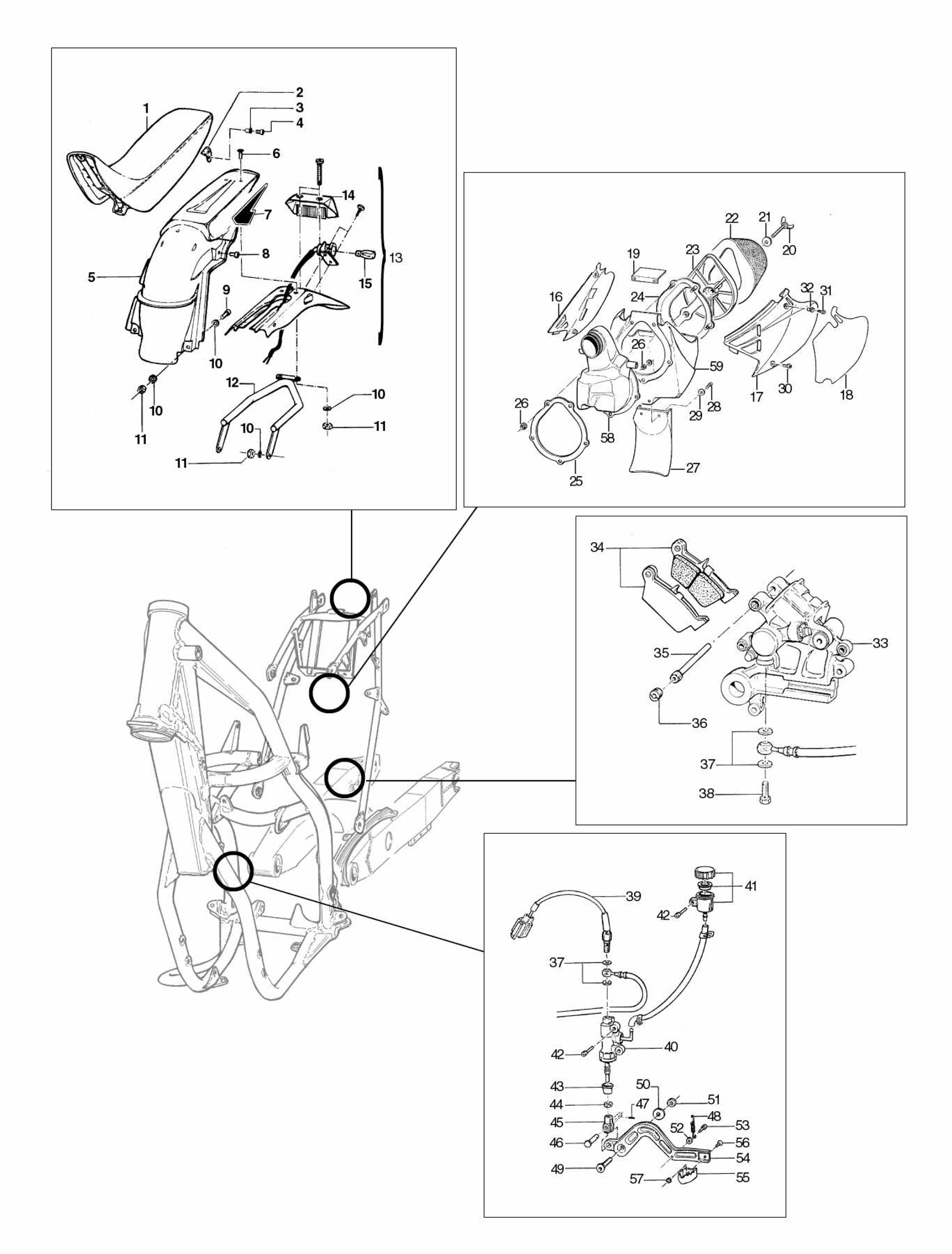 Pièces d'origine pour TM RACING 400 400 400 4 Temps MX/EN 2003 - Frein arrière, boîte à air et selle