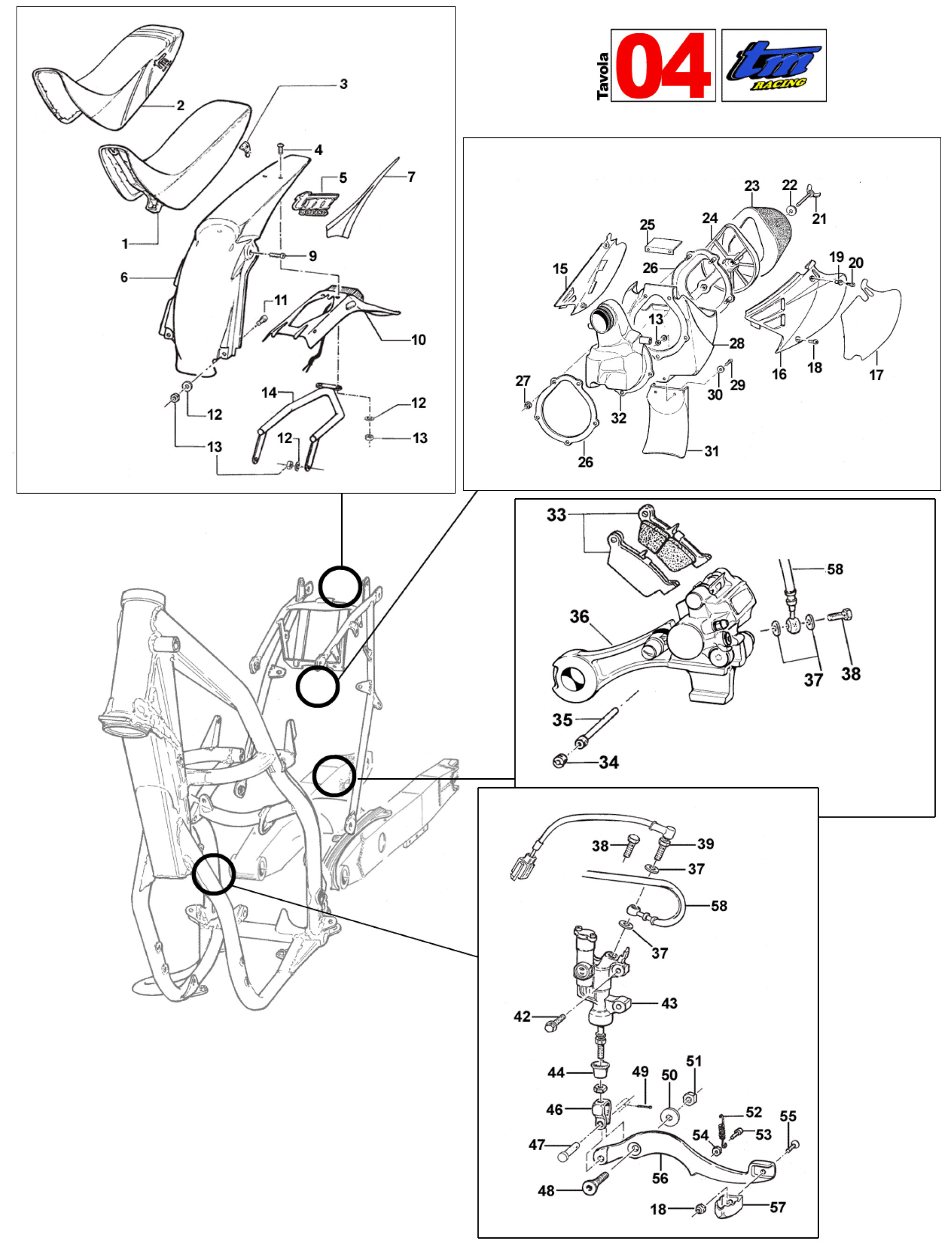 Pièces d'origine pour TM RACING 450 450 450 4 Temps MX/EN 2007 - Frein arrière, boîte à air et selle
